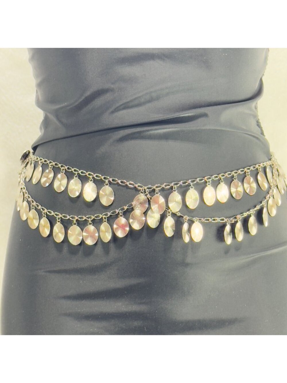 Vintage-Inspired Silver Chain Belly Dance Belt Dangling Discs Adjustable Fit